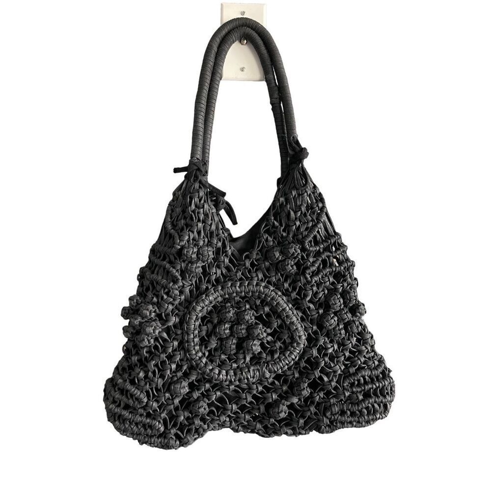 Clever Carriage Company Womens Black Crocheted Positano Hand Macrame Satchel Bag - Picture 4 of 11